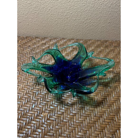 Vintage Murano Hand-Blown Art Glass Centerpiece Webbed Bowl Blue & Green - Picture 2 of 8